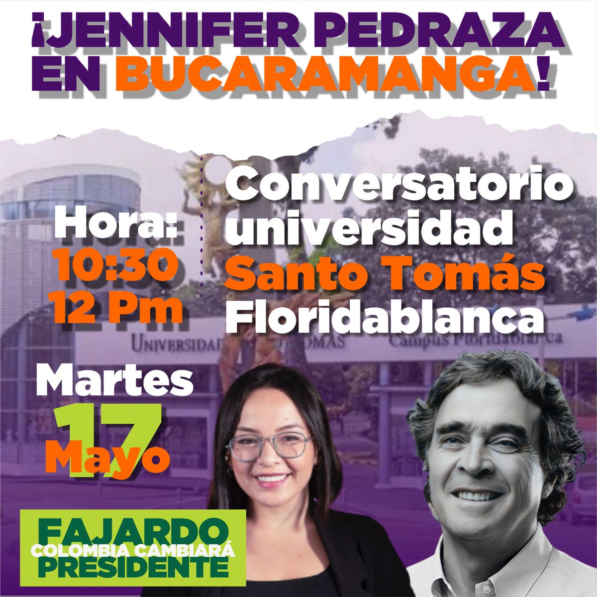 Compromiso_Sant's tweet photo. Les compartirmos la agenda de mañana, con la Santandereana más joven en el congreso @jenniferpedrazas.

¡Los esperamos!

#FajardoPresidente https://t.co/t5F3oM0ZFi