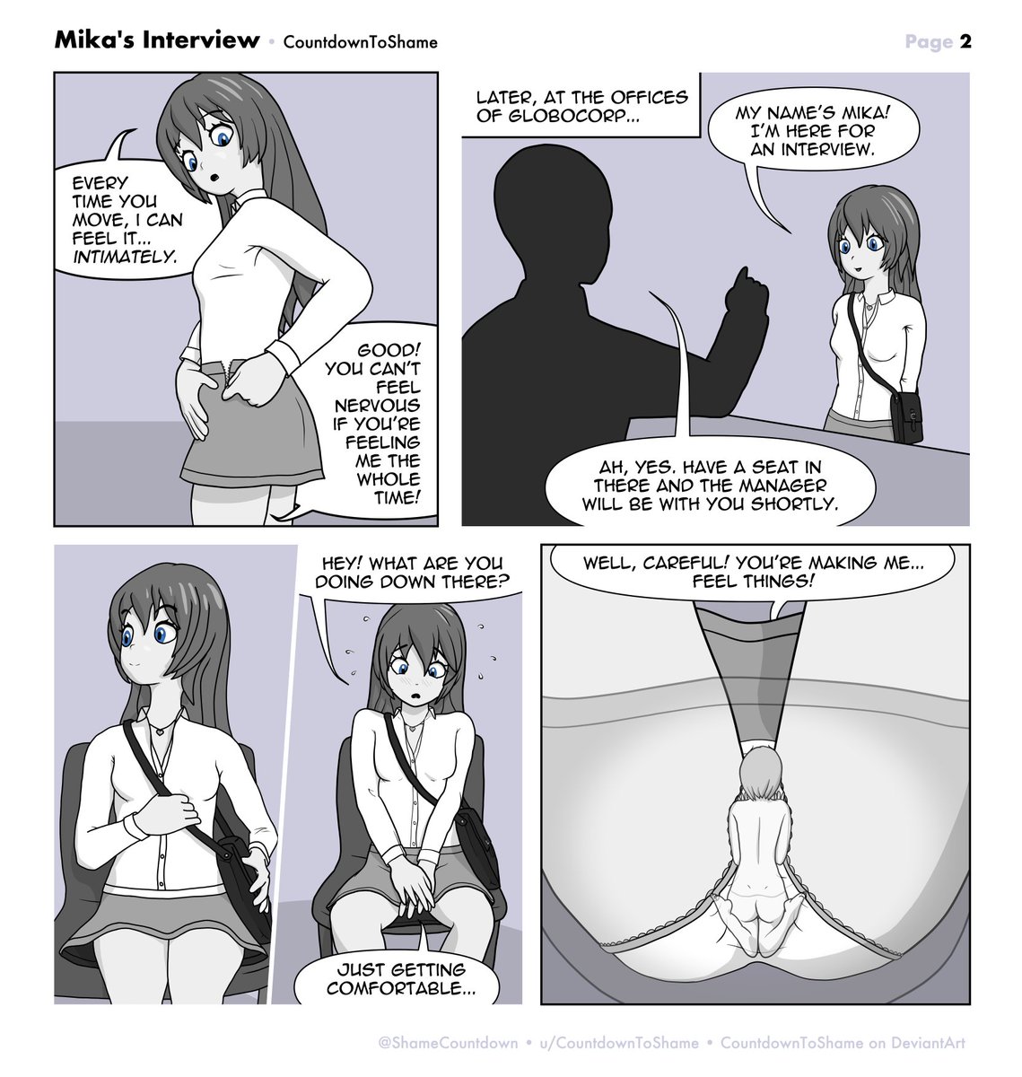 ShameCountdown's tweet photo. First 3 pages of "Mika's Interview," my first #sizefetish comic about regular size Mika and her mischievous minigirl. Very new at this so I'd love to hear what you think...follow if you want to see more free, playful, (mostly) gentle F/f! #giantess #sizetwitter #shrunkenwoman https://t.co/EuK43rXAQJ