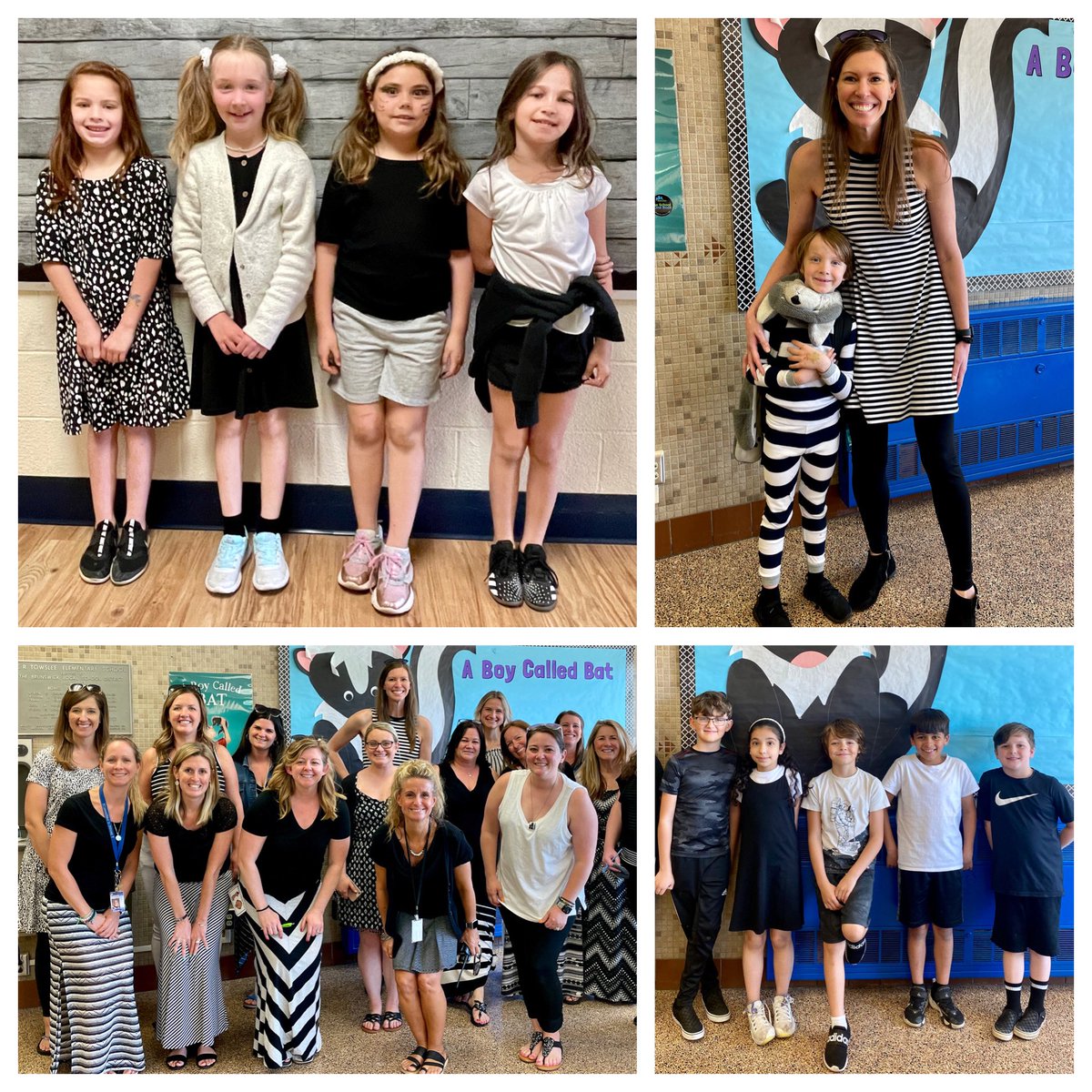 bcsmason's tweet photo. Last week was our “One School, One Book” Spirit Week and our kids looked awesome! Here are some highlights! [Mismatched, Animal &amp; Animal Print, Workforce Weds (When I grow up…), and Black &amp; White Skunk Day]🦨📚💙#osob #aboycalledbat #brunswickPRIDE https://t.co/HIHYWv9uZ9