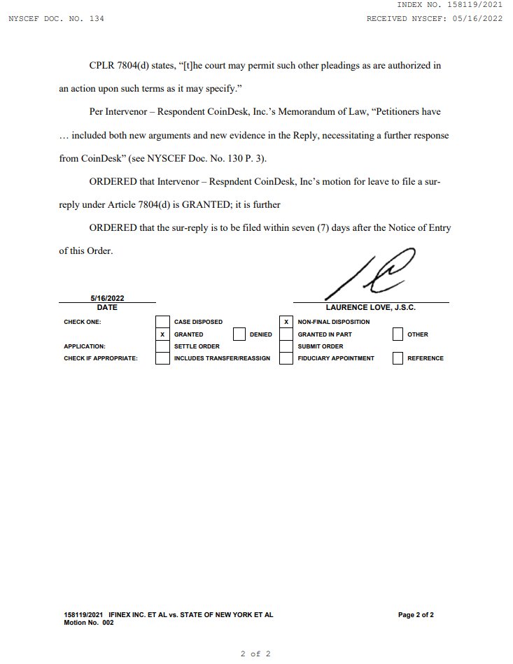 nikhileshde's tweet photo. NY Supreme Court Justice Laurence Love ruled that @CoinDesk may file an additional reply in an ongoing case involving Tether and the NYAG's office; CoinDesk filed a Freedom of Information Law request for documents on USDT's backing with the NYAG last year https://t.co/G4Qeq65tOZ https://t.co/DqttCCLKf8