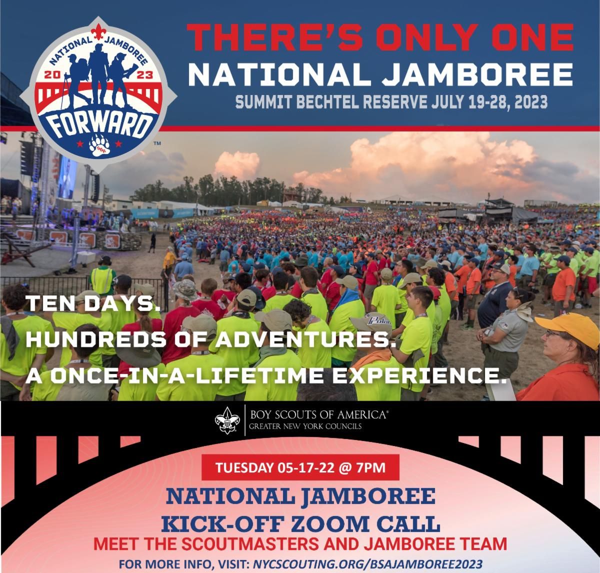 ScoutingNYC's tweet photo. https://t.co/oTIYpvxW7F Join our call on May 17th- The Jamboree Committee is ready planning for the 2023 National Scout Jamboree at the Summit in WV- RSVP to zoom for event details, policies and procedures, and discuss how to prepare for the best Jamboree experience possible. https://t.co/x70ZPVMJua