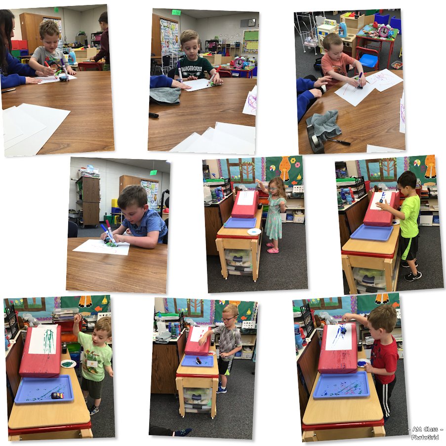 MsRogersPreK's tweet photo. Last week's theme was racing, letter was Y, and math concept was number review. We loved racing our cars through paint,coloring with a marker taped to the back of the car, and parking cars on specified numbers on our number parking garage. #EHES https://t.co/hudbxKZRKv