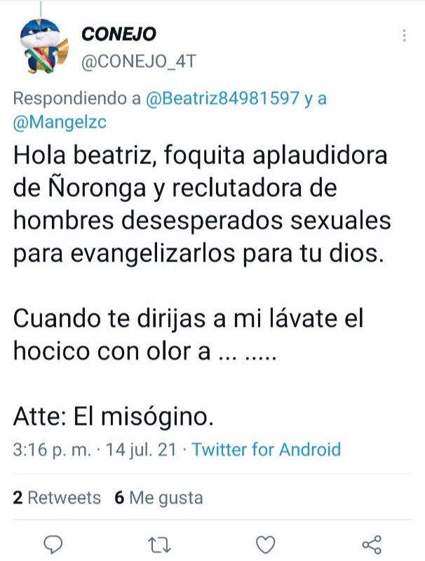 Beatriz84981597's tweet photo. Por el simple hecho de ejercer mi derecho de apoyar al diputado Fernández Noroña, he sido blanco de ese sujeto por demás vulgar y misógino, sus infamias se me resbalan porque yo tomo las cosas de quien vienen, pero lo inexplicable es haya mujeres que celebren, repliquen y 🧵 https://t.co/7QAXhKJUK5