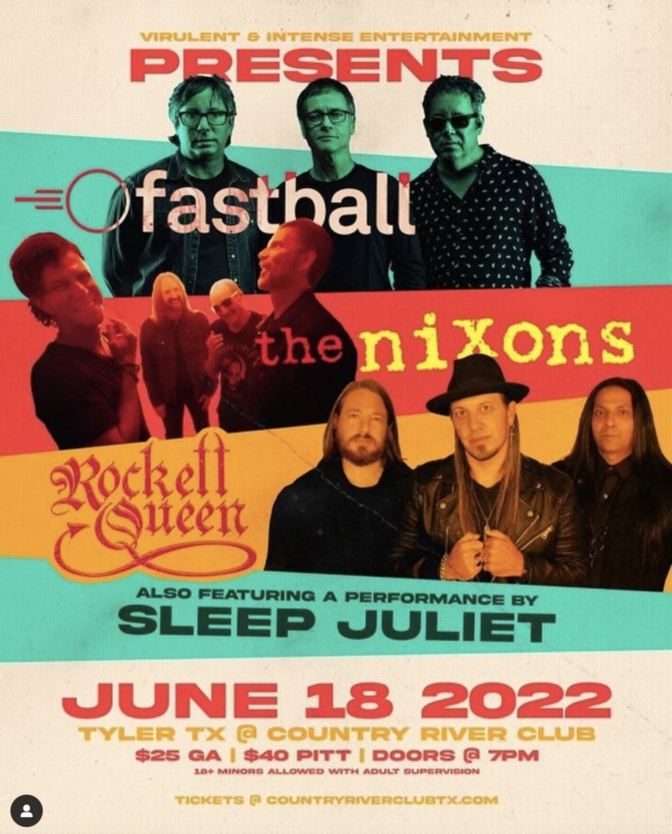 FASTBALLTHEBAND's tweet photo. Excited to be adding a show at the Country River Club TX on June 18th in Tyler with @nixonsofficial, @RockettQueen &amp; @SleepJuliet Tickets: https://t.co/kt1hfTxOwL https://t.co/g8H50LnfeJ