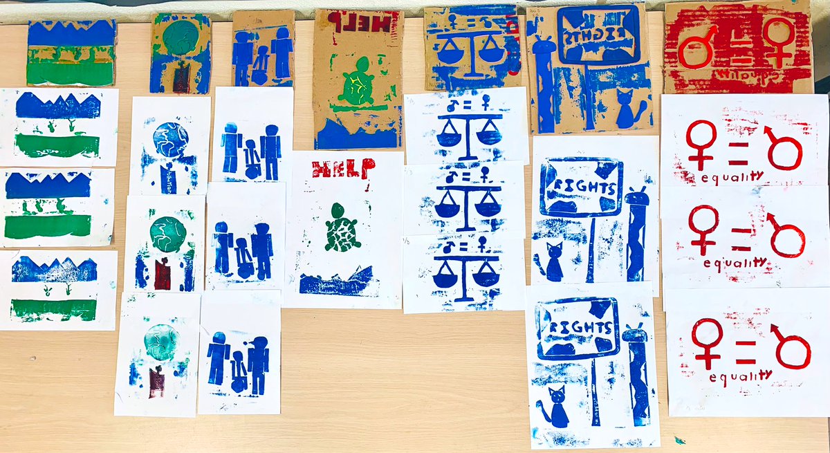ArtsMme's tweet photo. Students @AClarksonPS have been looking at works by #Artivists while working on their own #SocialJustice #Collagraphs Can you guess the issues that the would like to express? @YRDSBArts https://t.co/oEMDZs0TI7