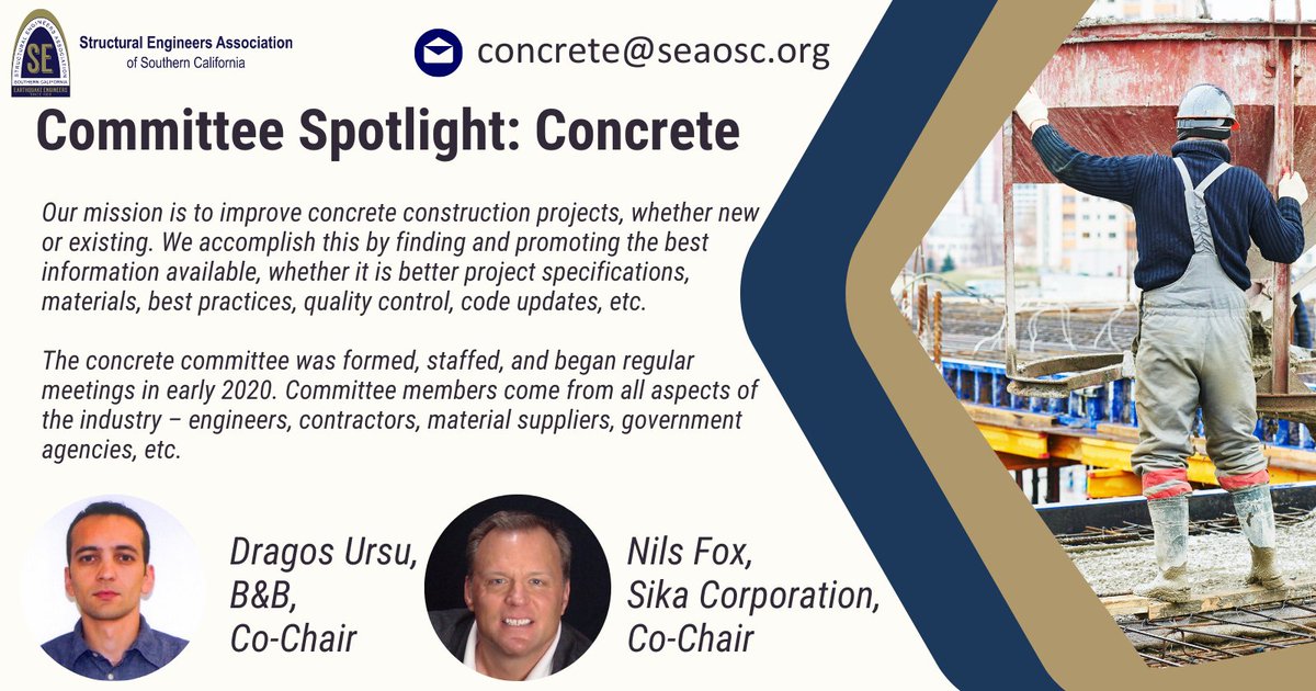 SEAOSC's tweet photo. Meet the SEAOSC #ConstructionCommittee. Their mission: to improve concrete construction projects by promoting the best information available, whether it is better project specifications, materials, best practices, quality control, etc.
Email concrete@seaosc.org for more info! https://t.co/iwmtEocEG9