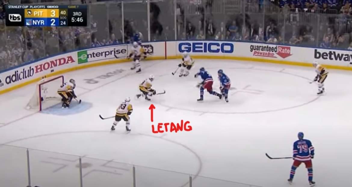 StatBoy_Steven's tweet photo. This was after the helmet incident.

Letang came on, had time to settle and be in a position to make a play.

5 Penguins in position against 3 Rangers in the frame. 

Sullivan should stop crying and worry about giving up a lead in 3 consecutive games where they could clinch #NYR https://t.co/YDuKl0qNIt