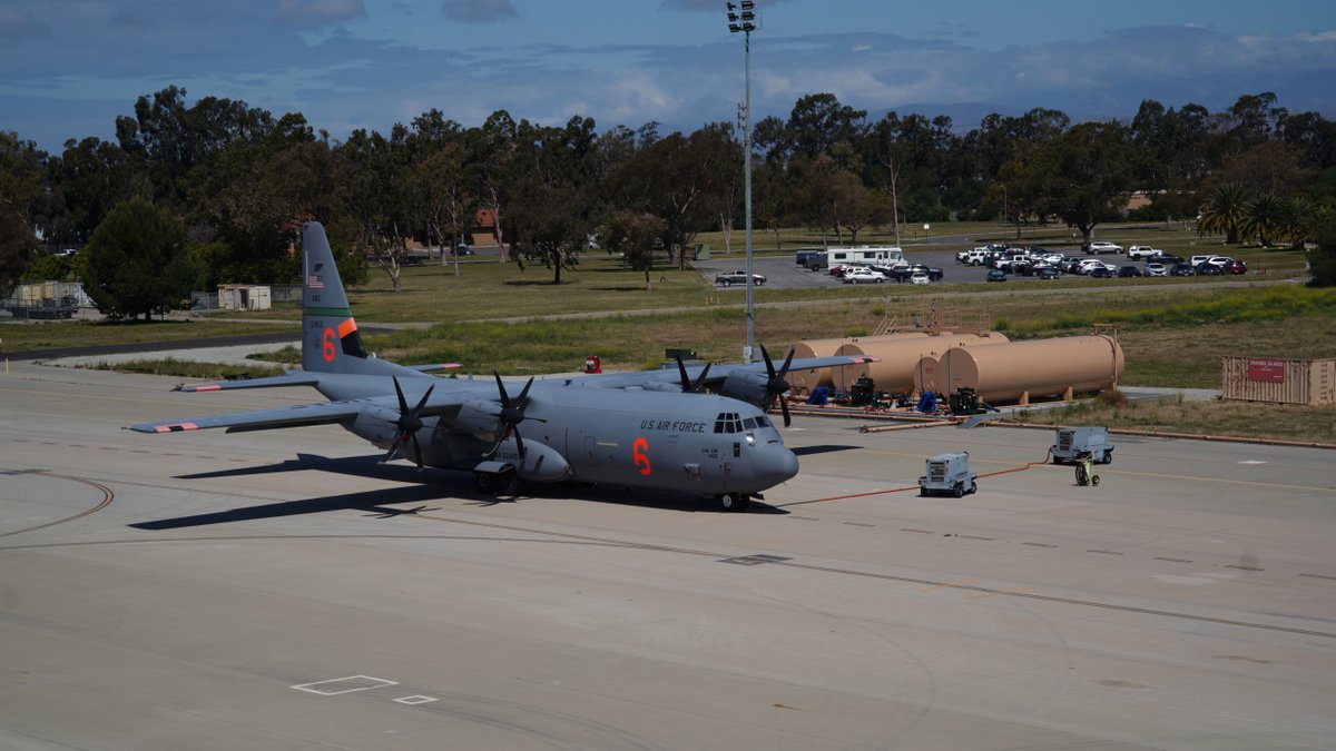 MAFFS_Corp's tweet photo. A U.S. Air Force C-130J Super Hercules MAFFS aircraft assigned to the 146th Airlift Wing sits on the flight line in front of the newly constructed MAFFS pits at Channel Islands Air National Guard Station (photo: Staff Sgt. Michelle Ulber) #MAFFS #ProtectionFromAbove #firefighting https://t.co/hHS7EMJcwk