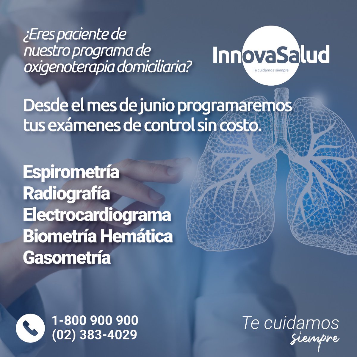 INNOVASALUDSA's tweet photo. Te ofrecemos control y soporte clínico especializado para pacientes con requerimiento de oxígeno. 🥼

Programa con nosotros tus exámenes de control pulmonar este mes de junio llamando al: 

📲 1800 900  900 o al (02) 383 402 📲 
#oxigenoterapia #espirometría #saludpulmonar https://t.co/ZhdsCIZGj5
