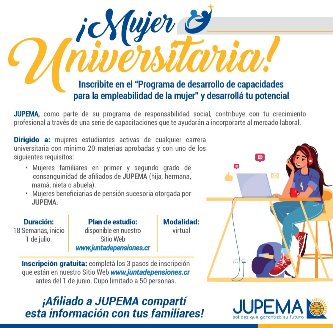 Abrimos 50 espacios a mujeres universitarias, familiares de afiliados, para capacitarlas en habilidades blandas que faciliten su inserción en el mercado laboral. Conozca más del Programa de Desarrollo de Capacidades para la Empleabilidad de la Mujer en bit.ly/37QvDch