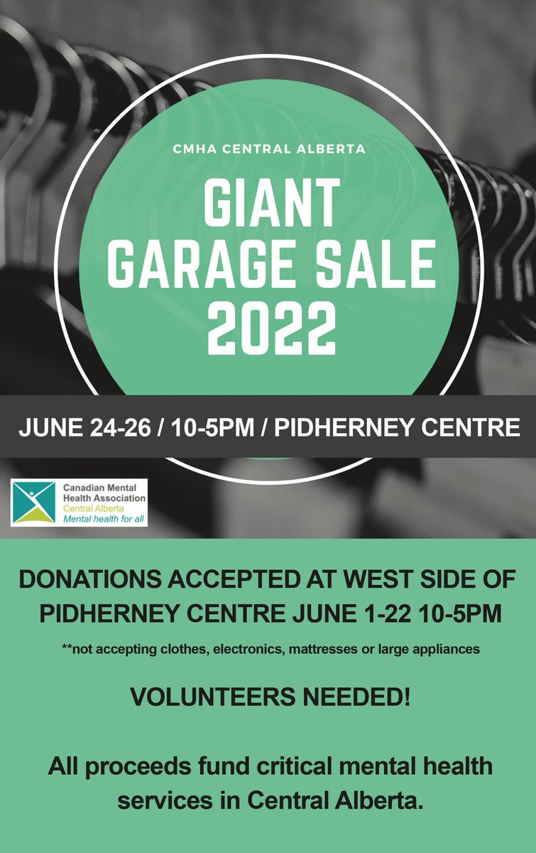 And straight into working on our #giantgaragesale happening June 24-26 on the west side of the Pidherney Centre. Donate your treasures from June 1-22 from 10-5 every day. All proceeds support critical mental health services right here in Central Alberta!
Volunteers also needed