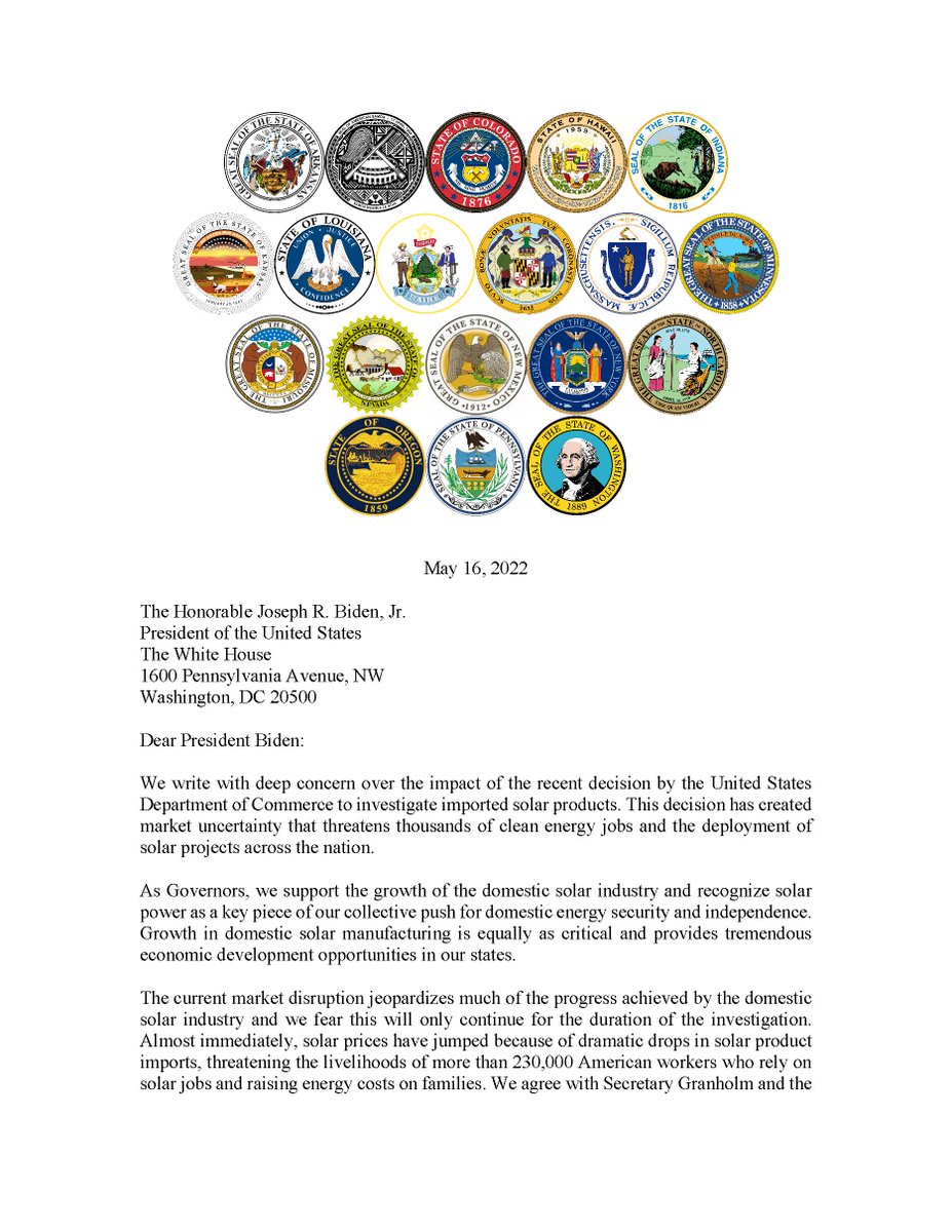 SEIA's tweet photo. NEW: As state impacts from the #SolarShutdown worsen, a bipartisan group of 19 governors sent a letter urging @POTUS and @CommerceGov to protect American workers and quickly end the case. 

LETTER: https://t.co/PsYjcdFnty https://t.co/HeqTx0g2wq