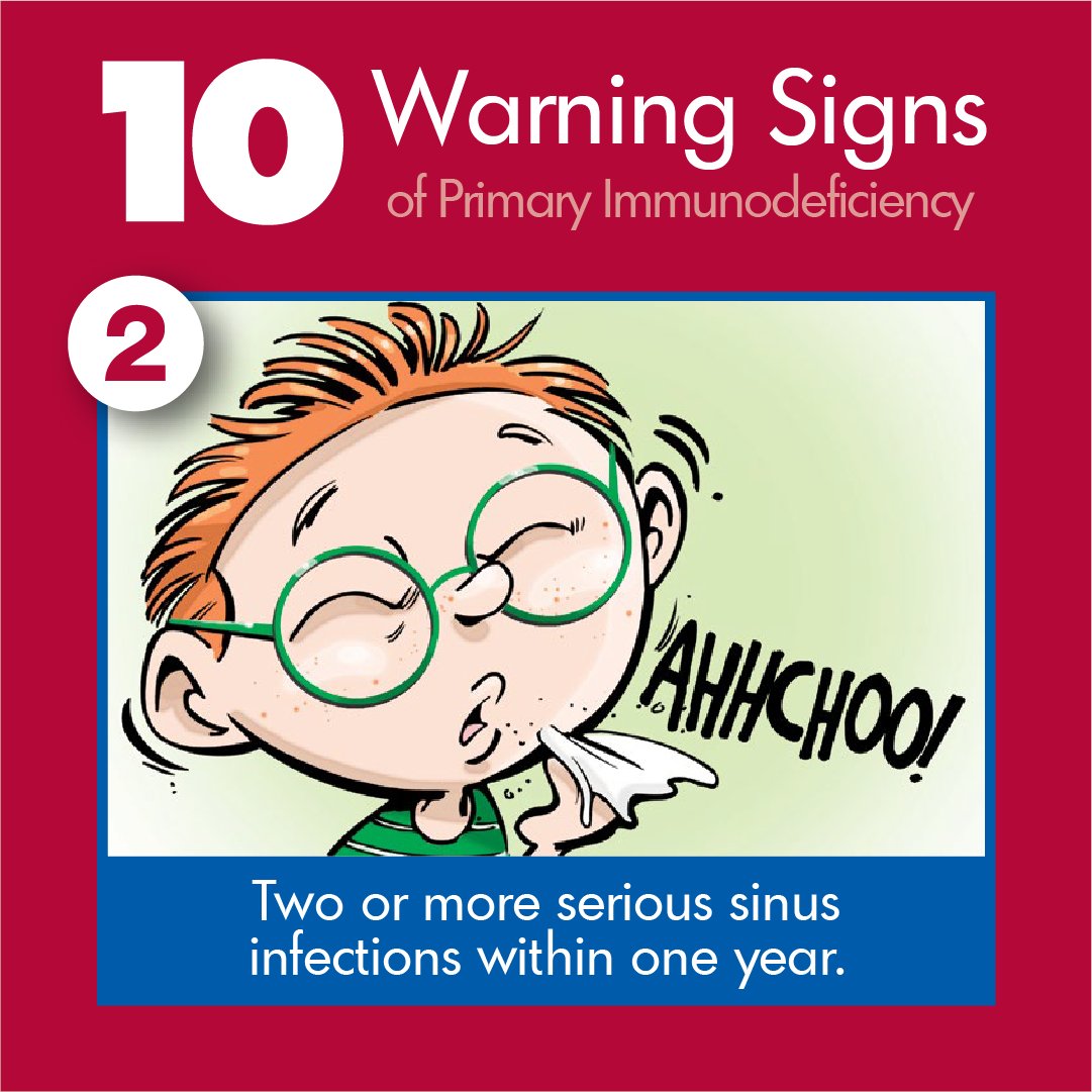 Info4PI's tweet photo. Just another sinus infection? Or a sign of Primary Immunodeficiency (PI)? PI causes frequent #infections that can be hard to cure. If you or your child exhibits 2+ of the #10WarningSigns 🚨, speak to a physician 🩺. See all 10 signs at https://t.co/eRGIvrmcBR https://t.co/lrCMmn8sVB
