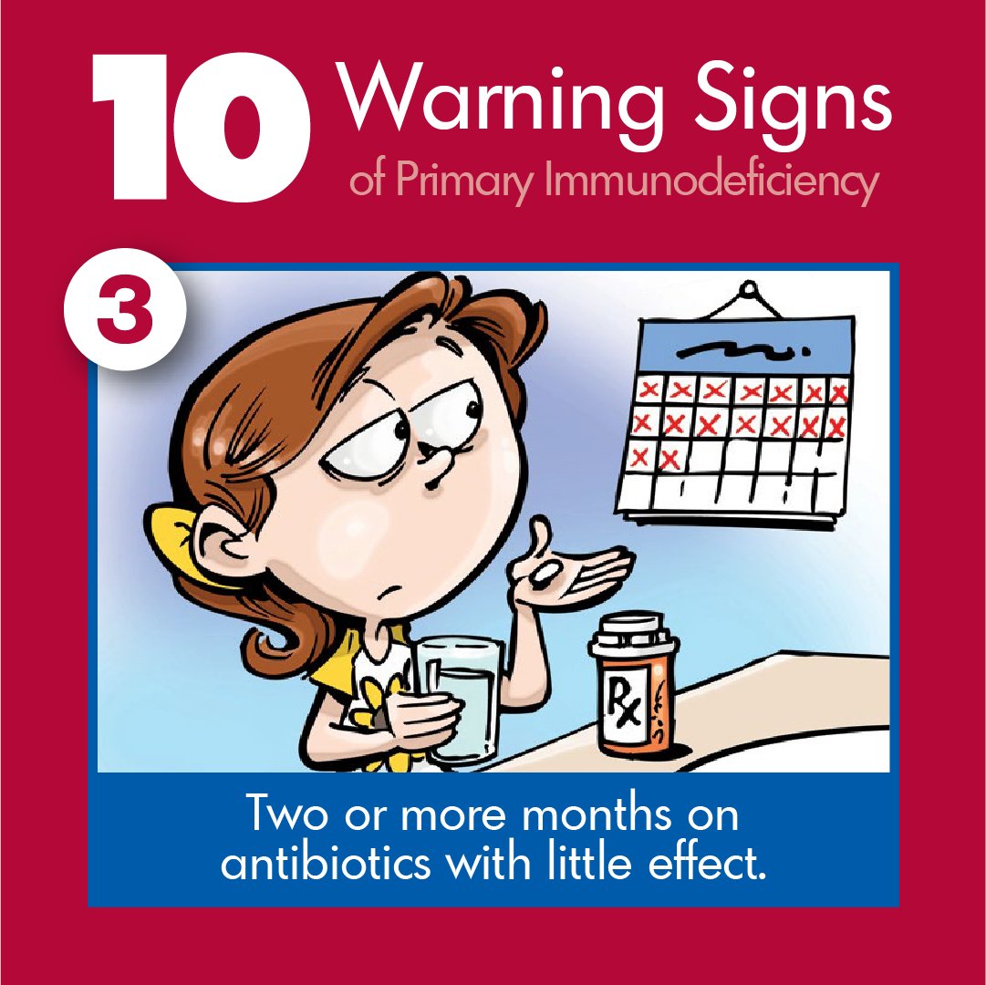 Info4PI's tweet photo. Are antibiotics not working well for you? It may be a sign of Primary Immunodeficiency (PI). PI causes frequent #infections and affects 10 million people worldwide 🌎. If you exhibit 2+ of the #10WarningSigns 🚨, speak to a physician. See the signs at https://t.co/eRGIvrmcBR https://t.co/u1xmhJKFpy