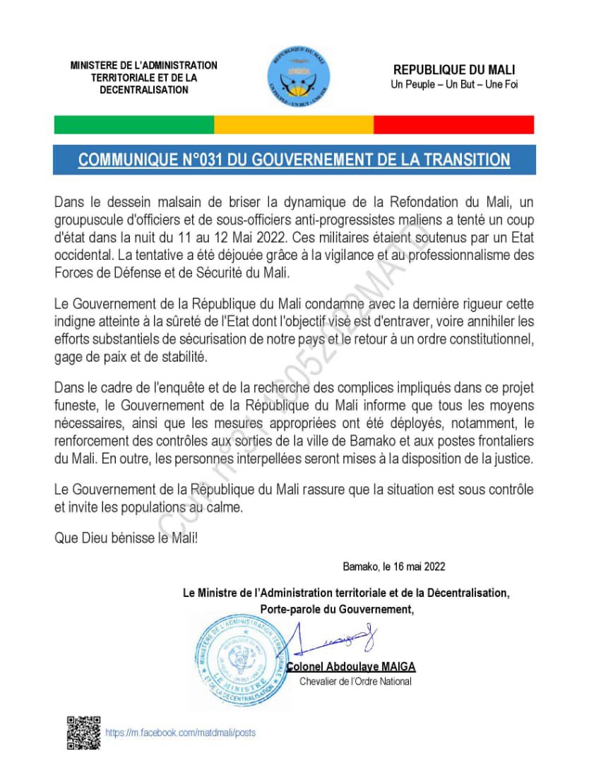 Mali-Urgent/ Une tentative de coup d'Etat déjouée: un pays cité dans l'affaire