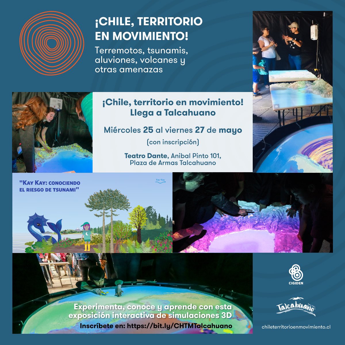 rtalcahuano's tweet photo. 25, 26 y 27 de mayo, gracias a nuestros amigos de @cigiden presentaremos en Teatro Dante la muestra interactiva "¡Chile, territorio en movimiento"! con la que podrán aprender acerca de nuestras #amenzas y #desastres socionaturales. 

inscríbete acá: 
https://t.co/zqnhKa9VZ9 https://t.co/fDmwGb092y