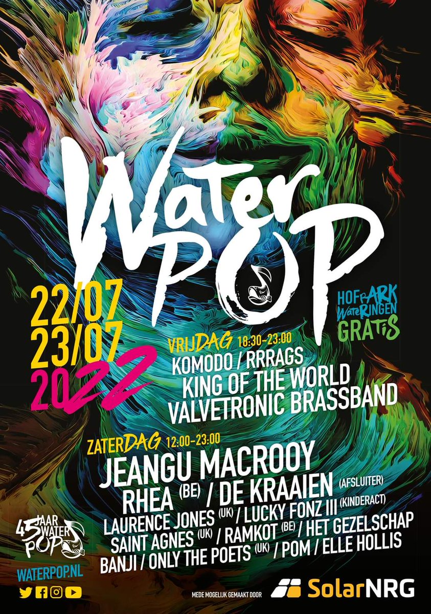 Wat een poster en wat een line-up!
Zet hem in je agenda 22 en 23 juli in het Hofpark in #Wateringen

<a href="/Waterpop/">Waterpop</a> 2022!