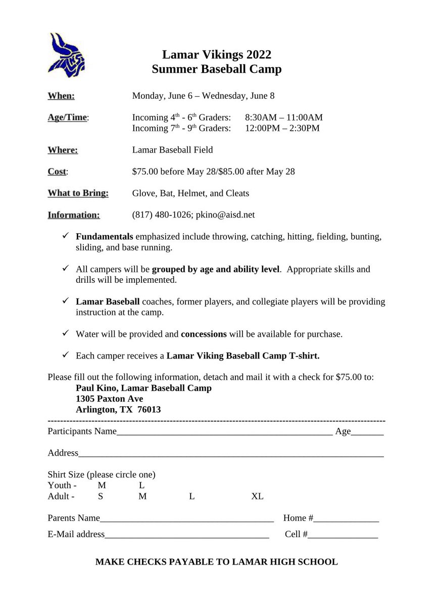 Lamar Baseball Camp 2022!  All incoming 4th-9th graders are invited to attend.