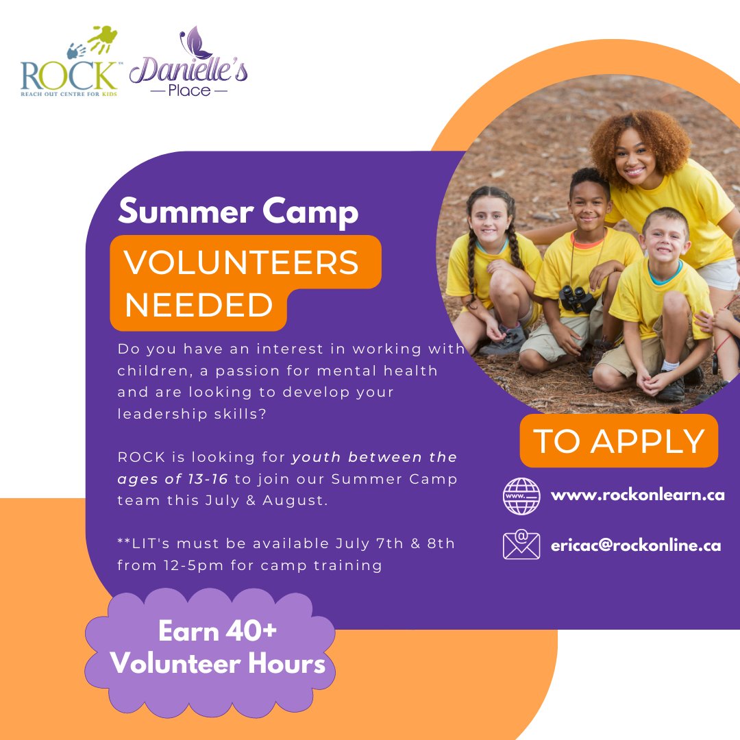 Summer Leadership Opportunity for YOUTH! Earn your 40 volunteer hours this summer by applying to volunteer with one of ROCK's summer camps. To apply please follow the link below rockonlearn.ca/volunteering-w…
