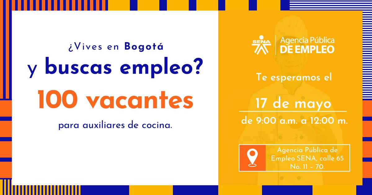 hernanfuentes's tweet photo. #SENAEsEmpleo  | 100 vacantes en Bogotá para auxiliares de cocina.
¡Participa en nuestra feria de empleo!

📅 17 de mayo de 2022    
⏰ 9:00 a.m. a 12:00 m.
👉 Agencia Pública de Empleo SENA, calle 65 No. 11 – 70 https://t.co/xfw1WOhSB2
