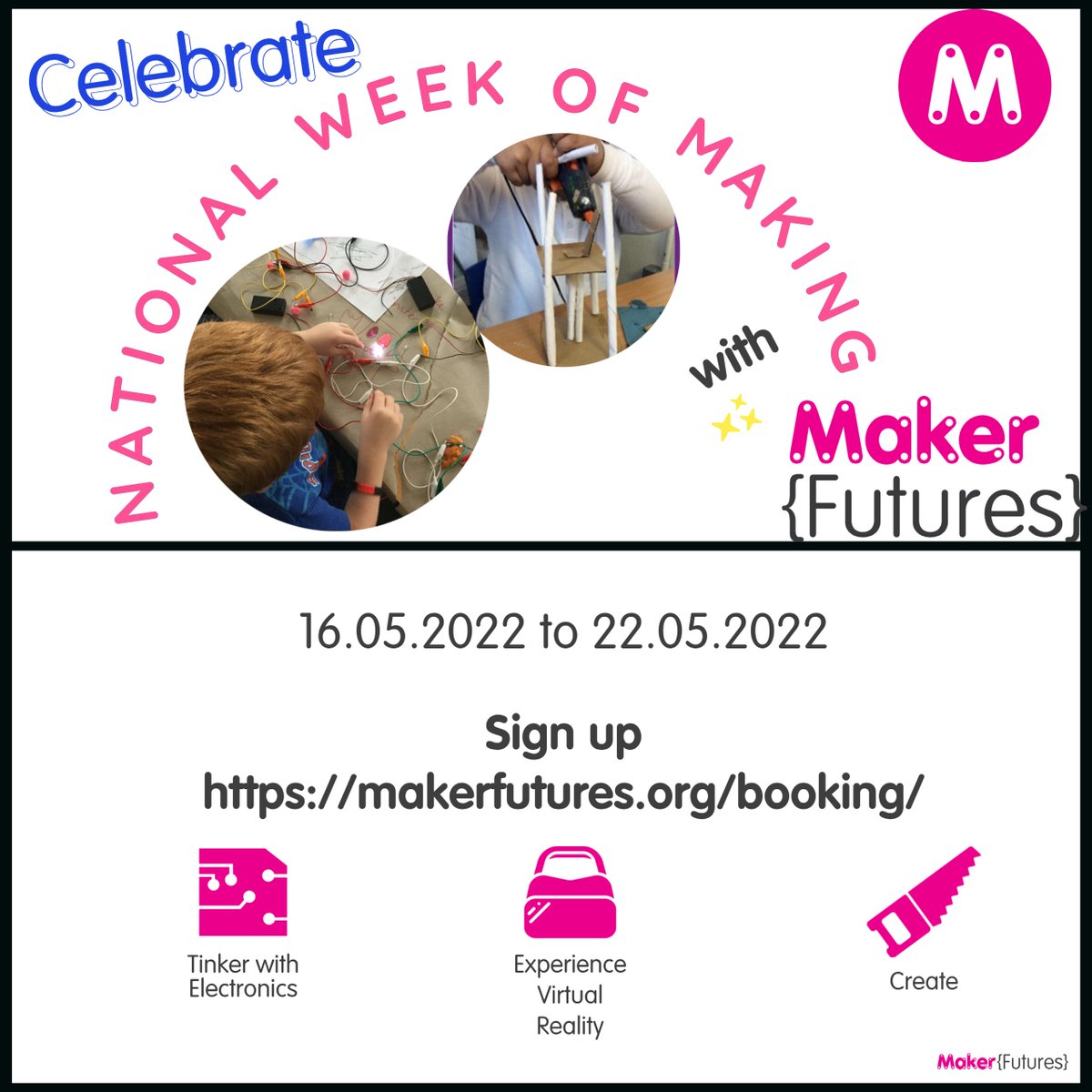 Maker_Futures's tweet photo. It's National Making Week! Celebrating makers from around the world.

Book us now to start your school's maker journey!!
#weekofmaking2022 #Makervan

https://t.co/vHhhj50JVX https://t.co/QqaEHc7qQV