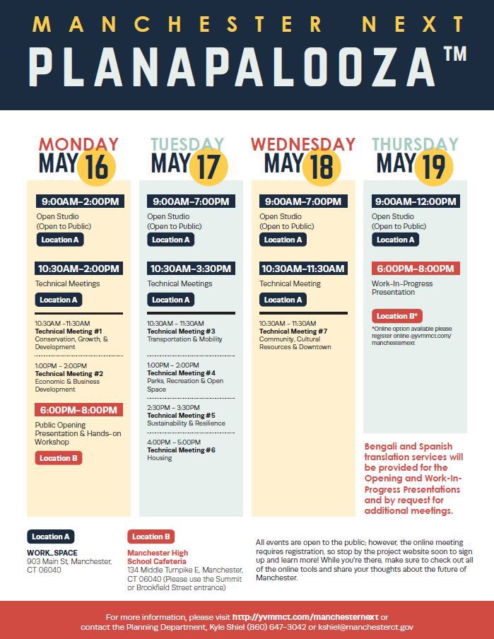 ManchCT_EconDev's tweet photo. Planapalooza is here! Hands-on Workshop at Manchester High School from 6-8 tonight. Or stop by @workspacemanch during open studio hours to share your vision for Manchesterโs future. Weโll be here now thorough Thursday! #ManchesterNEXT @ManchesterCTown @Plan_Manchester https://t.co/oj7dEOp1Fv