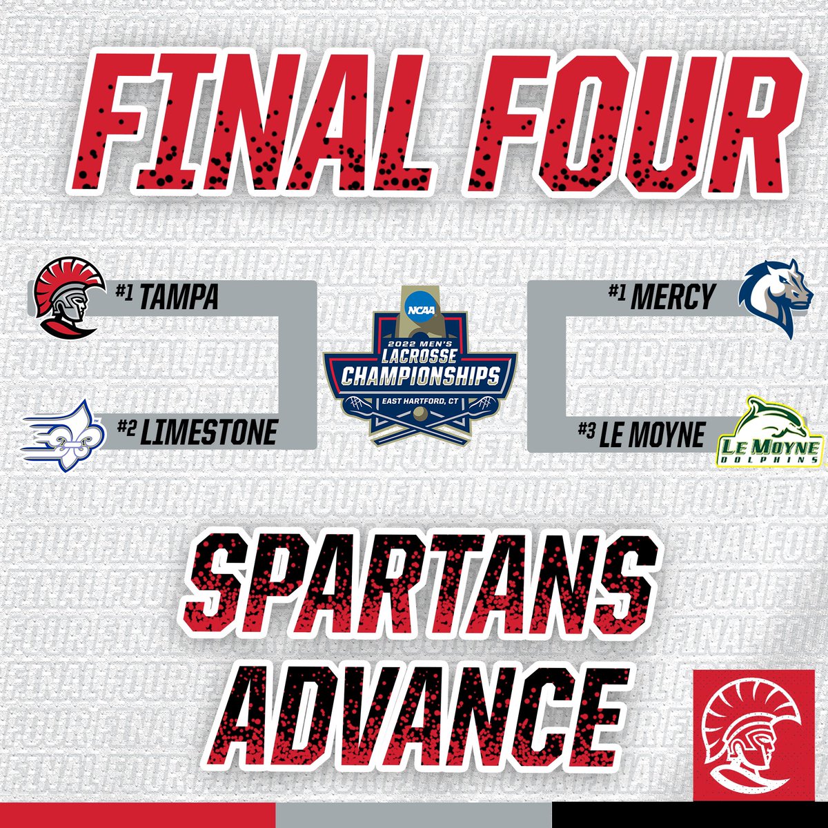 UTampaMLax's tweet photo. We advanced to the Final Four!! The Spartans face off against Limestone on our home turf on Sunday at 1pm. 

Everyone come out to support and #packnaimoli 

#Standasone⚔️🛡 https://t.co/DpTYVU4We5