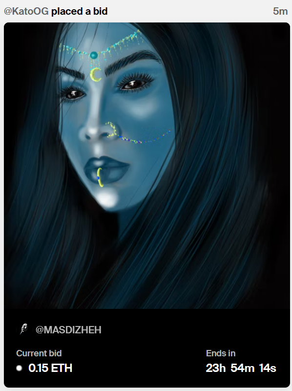 shama_eth's tweet photo. OMG !!!!!! My very first auction has begun by dear @RealKatoOG
  !!!!!!!!!!!!!!!!!!!!!!!! I CAN NOT BELIEVE IT 🥲🥲🥲🥲🥲

" Princess from the moon " 

https://t.co/661V0hYHWy

#NFTCommunity #digitalart #nftcollector https://t.co/CQS53lt1Mv