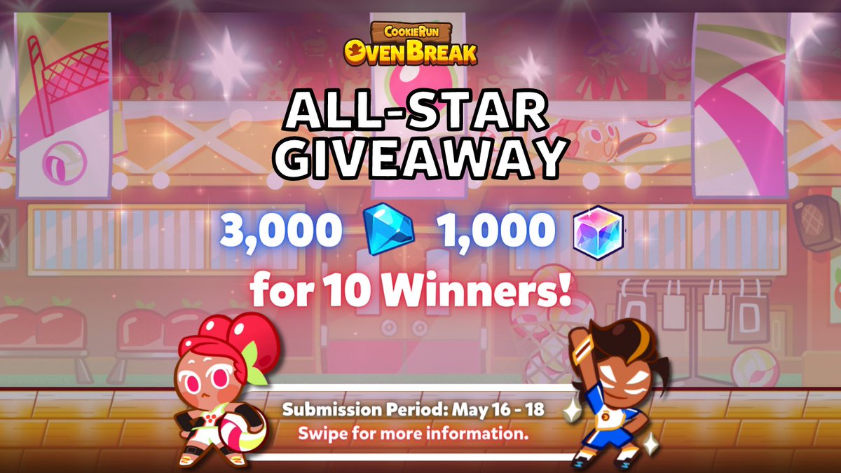 CookieRunOBEN's tweet photo. 🏐ALL-STAR GIVEAWAY🏐

Have you ever gotten really good advice from someone else?😊

Create THE BEST character lines for a chance to win sweet prizes!🎁✨

📍EVENT PERIOD: 05.16.22 - 05.18.22 (GMT+9) 

📍EVENT REWARDS: 10 Random Winners - Crystals x3,000 + Rainbow Cubes x1,000 https://t.co/pNKuELofa4