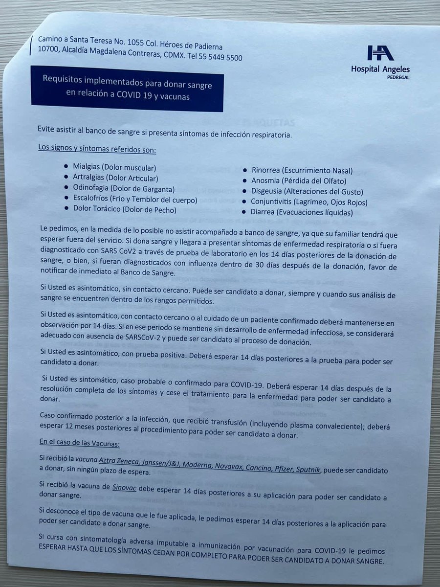 mauriciohuesca's tweet photo. ⚠️Amigxs de TW⚠️ Necesito de su apoyo, el día mañana operan a mi papá y se requieren personas donadoras de sangre O NEGATIVO 🩸 Es para el paciente Salvador Huesca Limón en el Hospital Ángeles del Pedregal habitación 304. Acá les dejo los requisitos para donar 👇👇👇 https://t.co/S41sXy2XrF