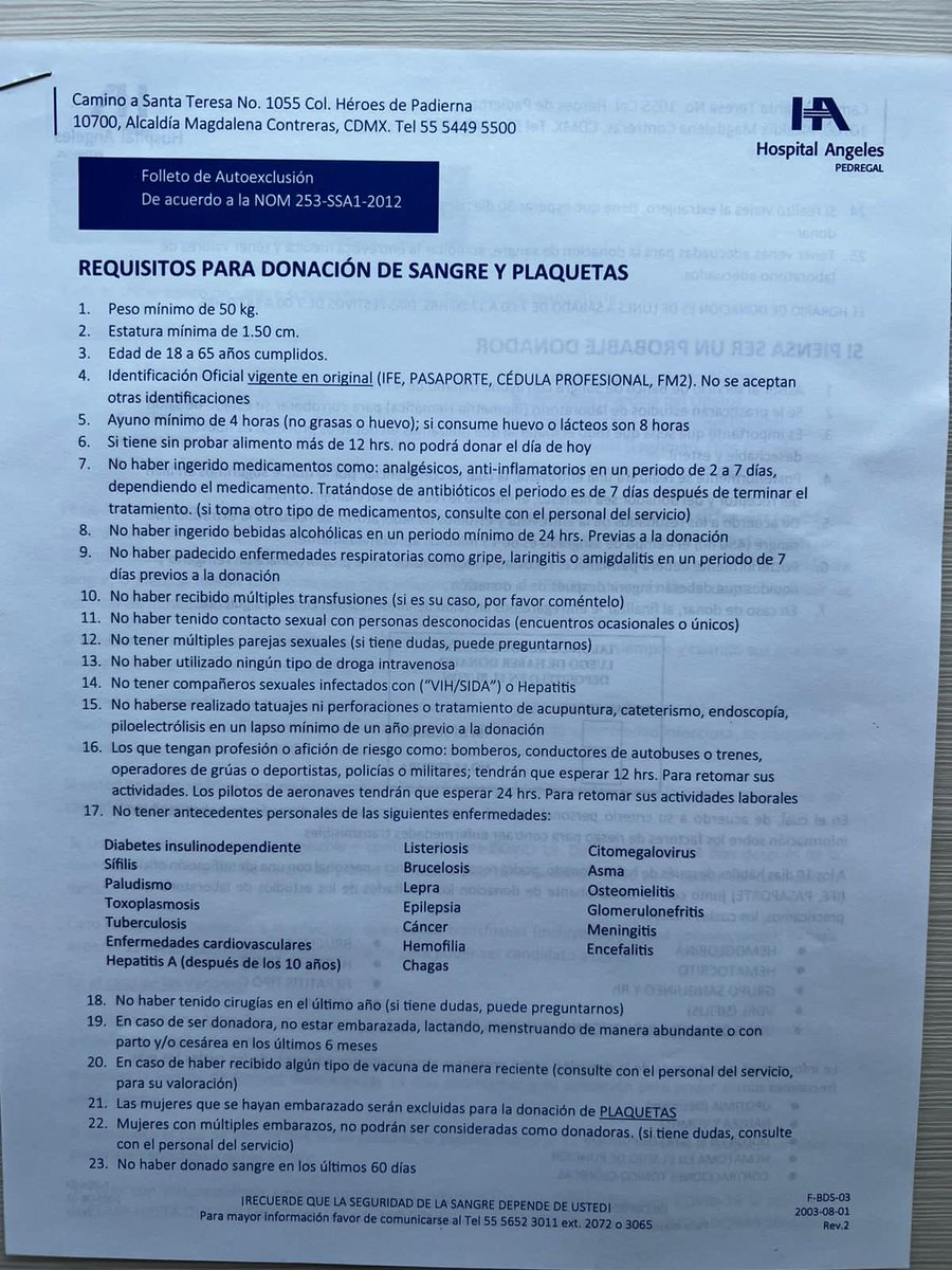 mauriciohuesca's tweet photo. ⚠️Amigxs de TW⚠️ Necesito de su apoyo, el día mañana operan a mi papá y se requieren personas donadoras de sangre O NEGATIVO 🩸 Es para el paciente Salvador Huesca Limón en el Hospital Ángeles del Pedregal habitación 304. Acá les dejo los requisitos para donar 👇👇👇 https://t.co/S41sXy2XrF