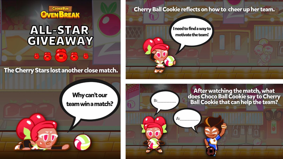 CookieRunOBEN's tweet photo. 🏐ALL-STAR GIVEAWAY🏐

Have you ever gotten really good advice from someone else?😊

Create THE BEST character lines for a chance to win sweet prizes!🎁✨

📍EVENT PERIOD: 05.16.22 - 05.18.22 (GMT+9) 

📍EVENT REWARDS: 10 Random Winners - Crystals x3,000 + Rainbow Cubes x1,000 https://t.co/pNKuELofa4