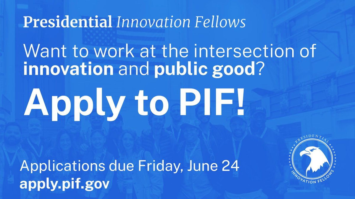 Dave Zvenyach - ARCHIVED (@gsa_davez) on Twitter photo Applications for <a href="/PIFgov/">Presidential Innovation Fellows (PIF)</a> are now open! Use your expertise to help solve some of our nation's biggest challenges. Apply by June 24: Apply.pif.gov Applications for <a href="/PIFgov/">Presidential Innovation Fellows (PIF)</a> are now open! Use your expertise to help solve some of our nation's biggest challenges. Apply by June 24: Apply.pif.gov