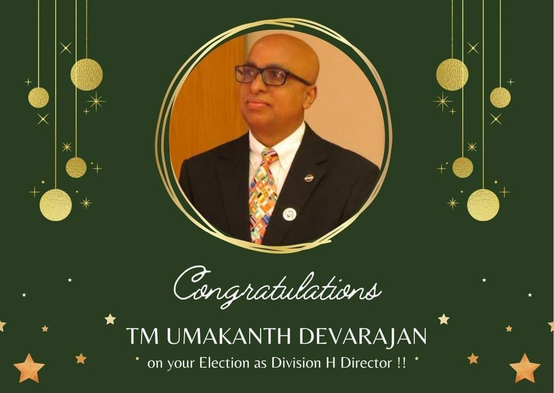 loypinto's tweet photo. @AdToastmasters Congratulations TM Umakanth @devumakanth on being elected as Div H Director for the term 2022- 2023. Best wishes from all the Toastmasters of Division H and District 105. https://t.co/7tFhKEFcAi