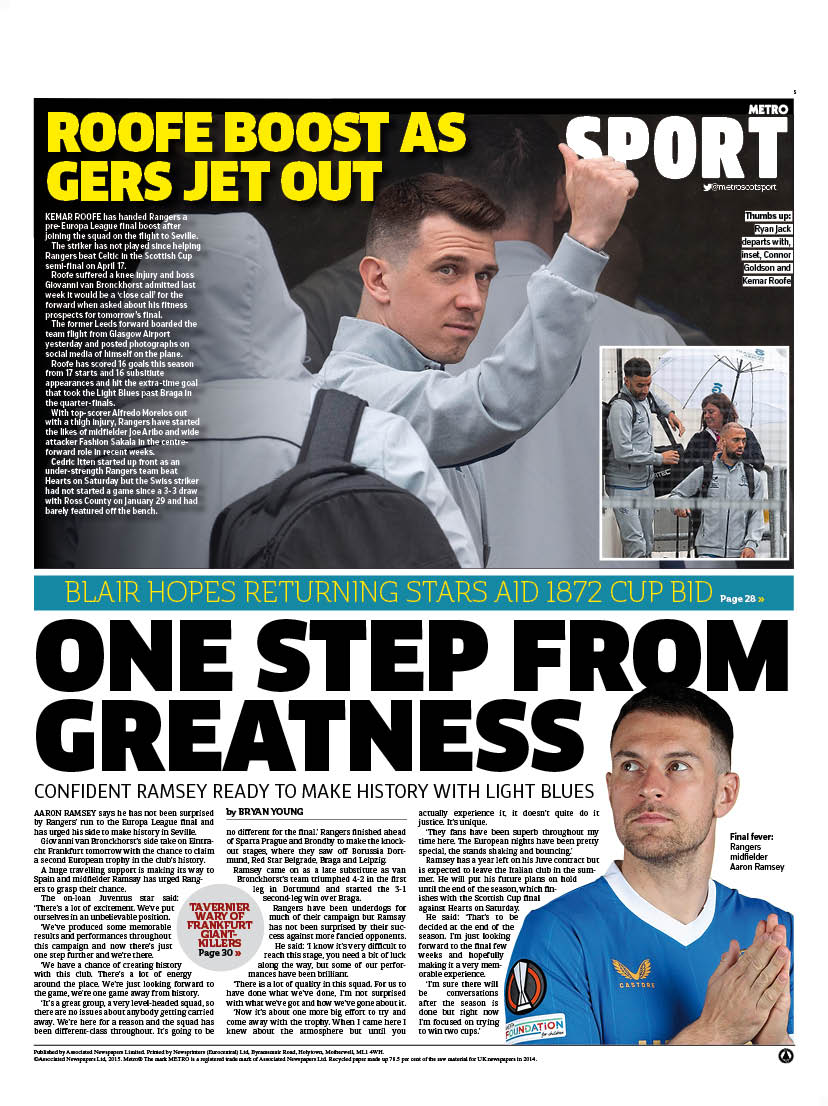 MetroScotSport's tweet photo. Tuesday's back page: ONE STEP FROM GREATNESS

#tomorrowspaperstoday #scotpapers #Bbcpapers #SkyPapers #Rangers https://t.co/Vt8srHAsgg