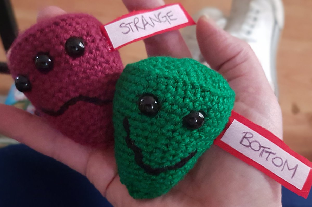 TechieLady1's tweet photo. Broke out the crochet needle, channelled #ParticleZoo and made a couple of Quarks.
Meet #strange and #bottom 🤓 https://t.co/JDDb39TuZO