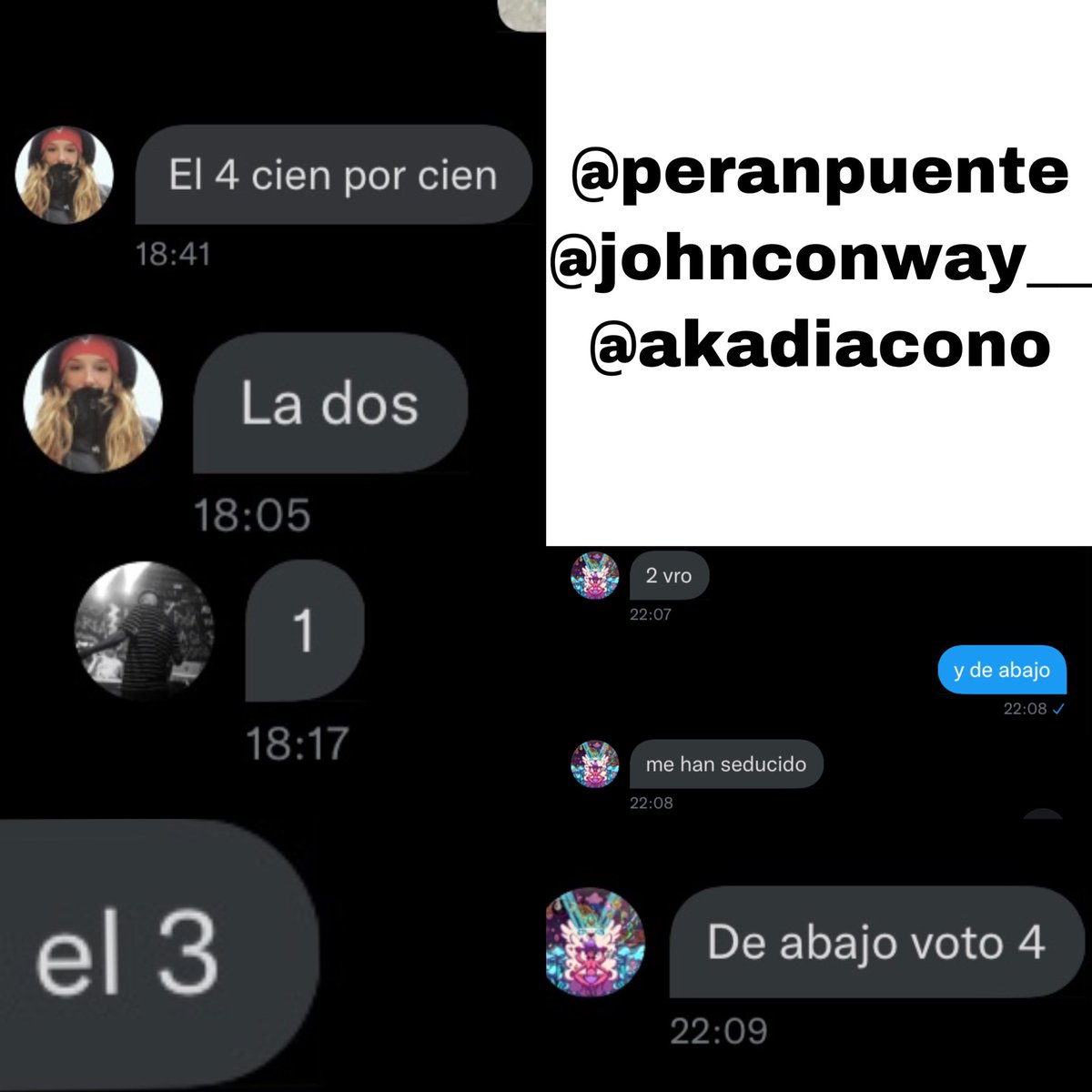 SIDArta69_'s tweet photo. 1: 2 votos
2: 7 votos
————-
3: 2 votos
4: 7 votos
votos del pueblo: 2 y 3
GANADORES: 2️⃣ y 4️⃣
#MasterChefTwLeon
@tonycobb_
@peranpuente
@johnconway__
@carloscueto8
@albertofdezz__
@akadiacono
@follacamiones24
@idkzzz6363
@ delafuu https://t.co/YMmi0rYT1e