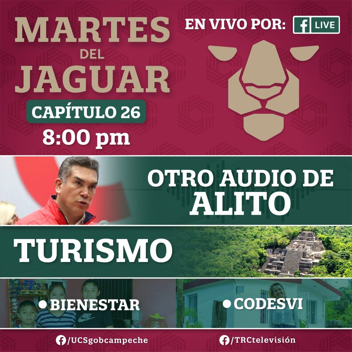 CampecheHOYmx's tweet photo. #Campeche | No te pierdas el día de mañana otro capitulo del Martes del Jaguar.  #Capitulo26

➡️ Otro audio de Alito.
➡️ Turismo.
➡️ Bienestar.
➡️ Codesvi. 

https://t.co/OoCXcH5Ul6 https://t.co/yKNu1YjxZX