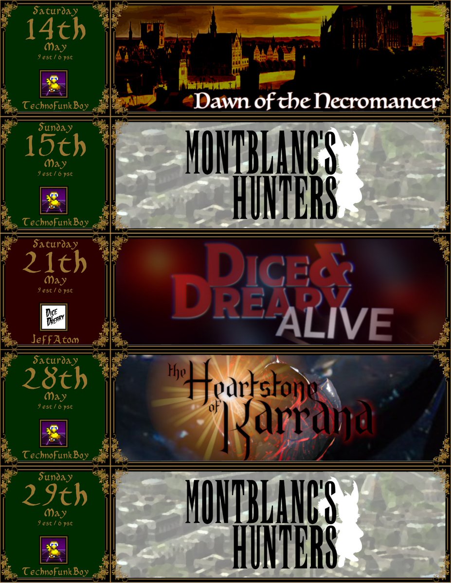 technofunkboy's tweet photo. Adjusted #TTRPG stream schedule for the rest of the month. Added @DiceDreary on Saturday at https://t.co/gzGbEoHUDx! https://t.co/JloGnXRzUr