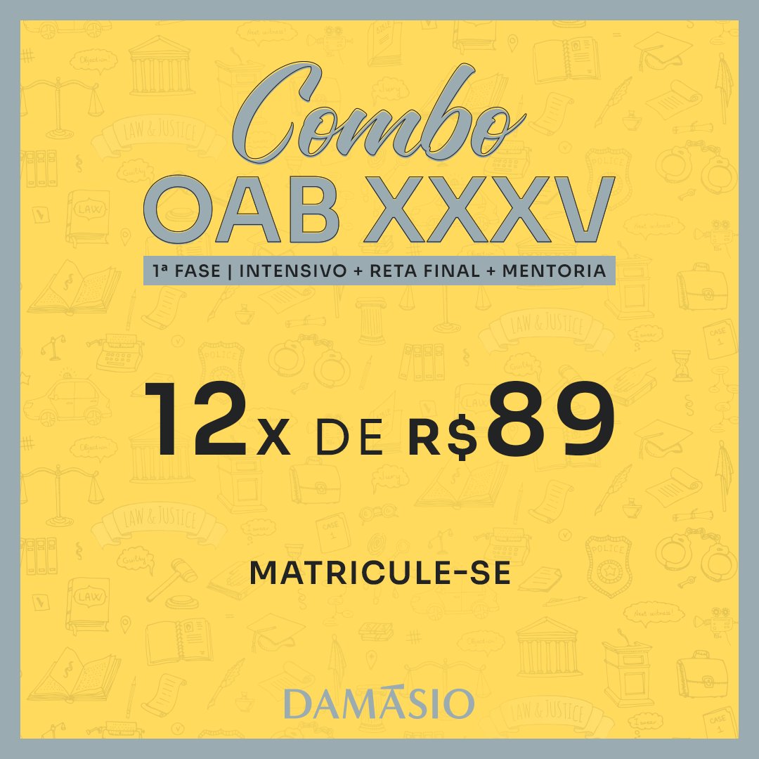 OAB 1ª FASE
OAB 2ª FASE

| Mais de 50 anos marcados por um alto índice de aprovação na OAB
| 100% online

 DAMÁSIO BRUSQUE
  (47) 3355-1511 (WhatsApp)
#damasiobrusque #concurso #oab #examedeordem #direito #juridico #novatrento #guabiruba #botuvera #saojoaobatista