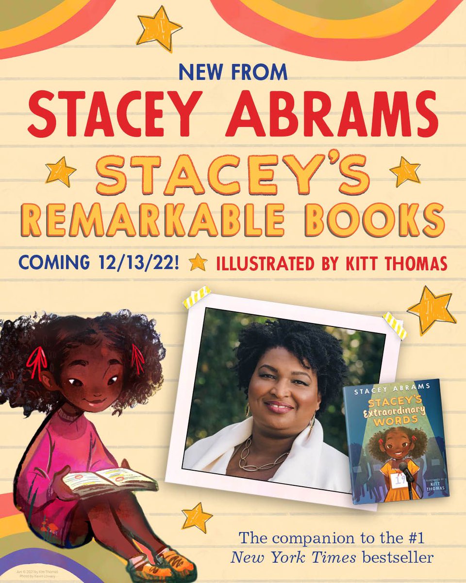 HarperChildrens's tweet photo. Exciting news! Stacey Abrams' new children's book, STACEY'S REMARKABLE BOOKS, will be coming December 13th! 🥳🎉 @staceyabrams @kitt_thomas_art https://t.co/ulnpmQ7CwF