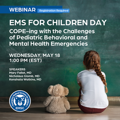 UNCPAR's tweet photo. Free webinar: #EMS for Children Day: COPE-ing with the Challenges of Behavioral and Mental Health Emergencies - May 18th at 1pm EST

Hosted by: @EMSCImprovement - EMSC Innovation and Improvement Center (EIIC)
https://t.co/ybcyVG2s6j https://t.co/7VWVXhZSHE