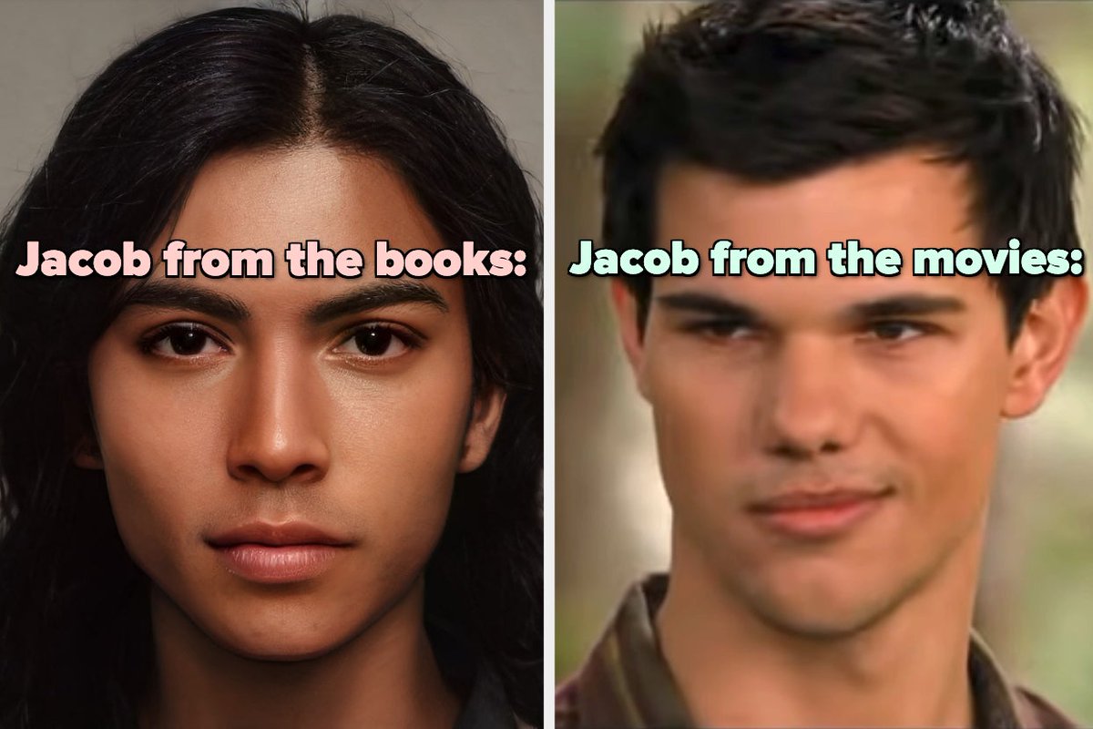BuzzFeed on Twitter: "Jacob Black in the book series vs Taylor Lautner  playing Jacob in the movie. He's described in the books as: "Long, glossy  black hair," "silky and russet-colored [skin]," "eyes