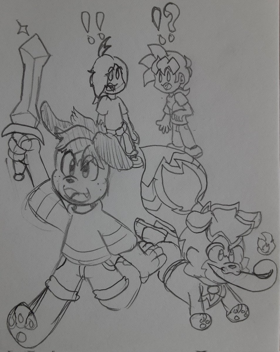 Oricalcumhammer's tweet image. I said I'd draw it.
Two people watching over puppies with different abilities. When those two puppies decide to go on a fantasy adventure in the real world, that's when it's time to stop them before they do any damage. Especially Fluff, since he's not as educated as Pads.