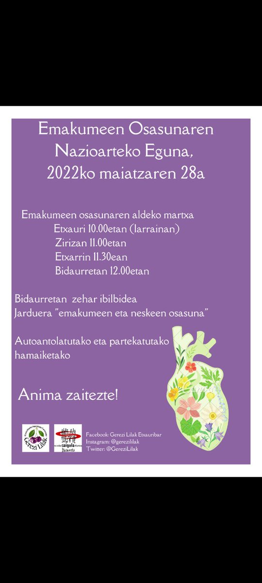 Kaixo emakumeak!🍃 Datorren maiatzaren 28a Emakumeen eta Nesken Osasunaren aldeko Nazioarteko Eguna da eta otordua ospatzeko, osasunaren aldeko martxan parte hartzera gonbidatu nahi zaituztegu. Etxauritik oinez irtengo gara Bidaurretaraino. Animatu!💪🏾💜
