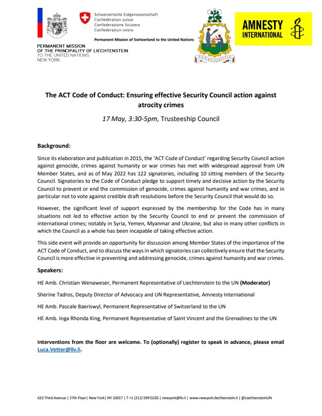 LiechtensteinUN's tweet photo. Join us, @AmnestyUN, @swiss_un and @SVG_UN to discuss the #ACTCodeofConduct and its implementation tomorrow (17 May) at 3:30pm in the Trusteeship Council: https://t.co/VQ4slhQhGj