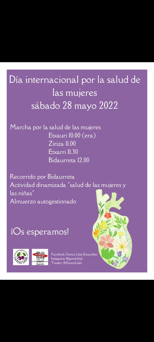 Kaixo mujeres🍃 El próximo 28 de mayo es el dia Internacional por la Salud de las Mujeres y las Niñas y para comemorar queremos invitaros a participar en la marcha por la salud. Saldremos de Etxauri a pie hasta Bidaurreta donde haremos unas actividades y reflexiones. Animaros! 💪🏾