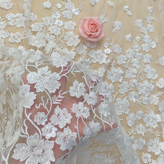 Pink Lace Three-dimensional Rose Wedding Dress Handmade Embroidery Fabric Width 53.15 By The Yard