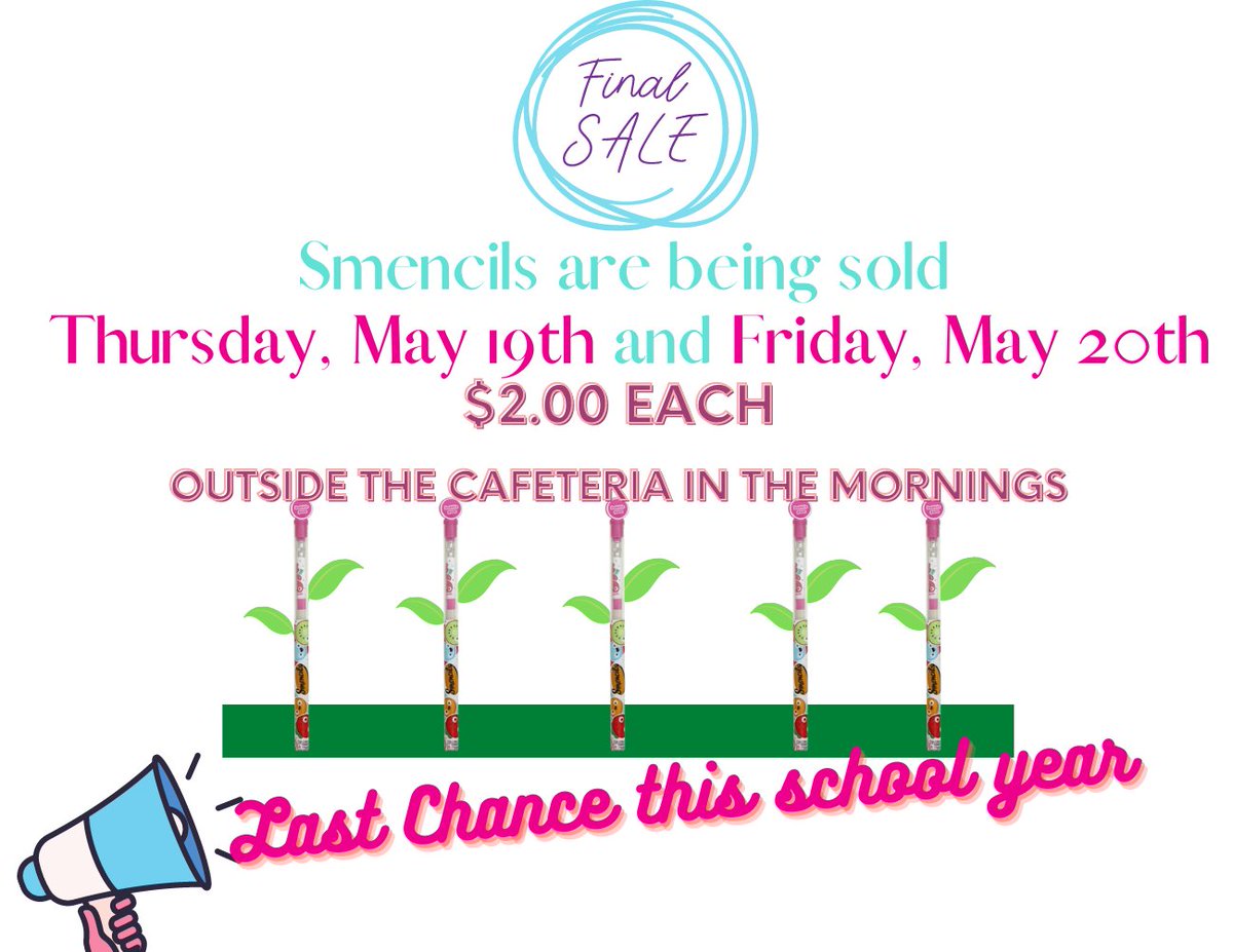 PESCouncil's tweet photo. @PoincianaCCPS This Thursday and Friday are the last days to purchase Smencils for the 21-22 school year. Come and find Student Council and Ambassadors outside the cafeteria 7:45-8:15am on the 19th and 20th! @Smencils #Smencils #PESStudentCouncil #StudentCouncil https://t.co/4bBcXCmcW9