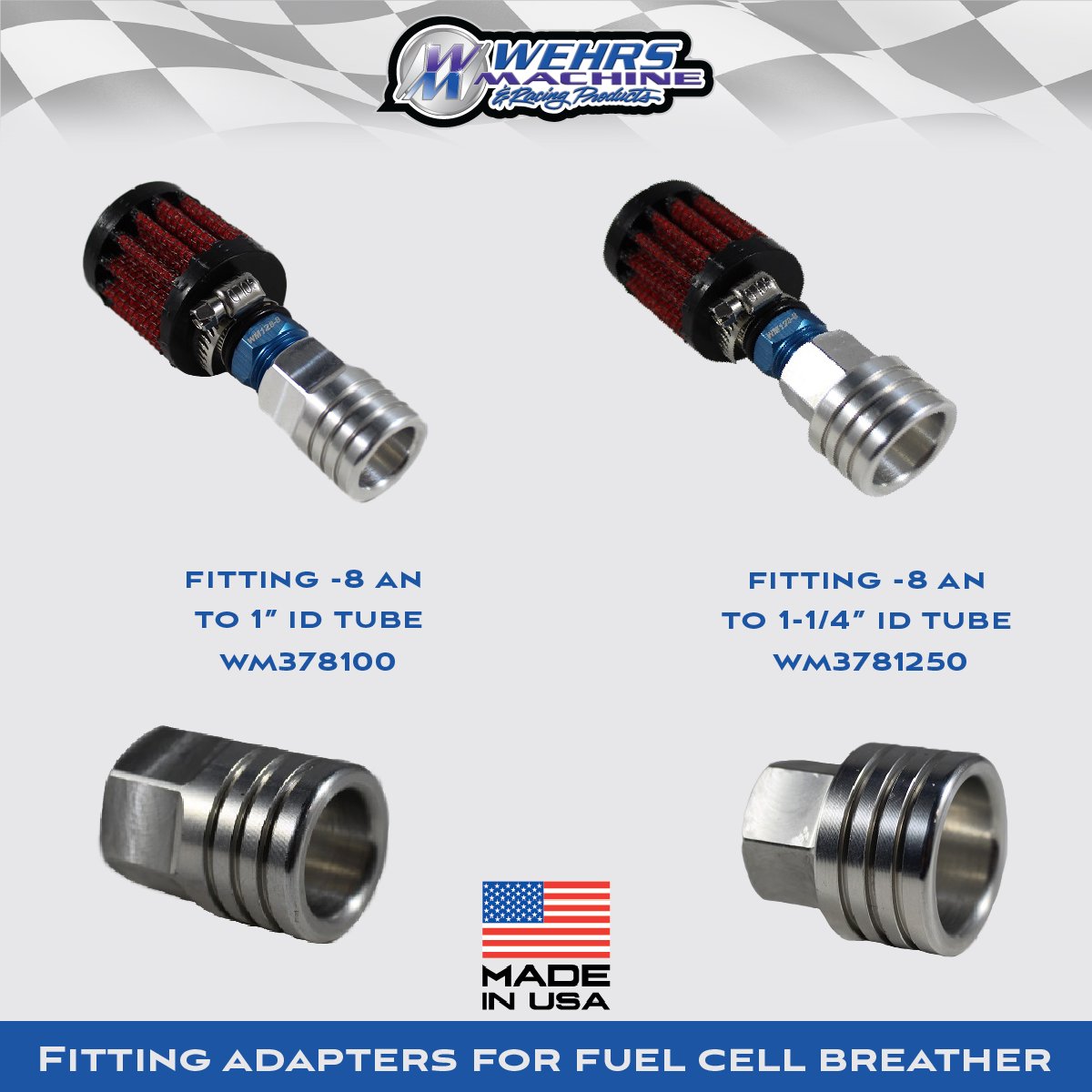 WehrsMachine's tweet photo. ⚠️ NEW PRODUCT RELEASE ⚠️
Take a deep breather for this one. 
WM378s | These fittings adapt to 1" or 1-1/4" ID tube to -8 AN for fuel cell breather. The WM128-8 is sold separately.
Shop now -> https://t.co/cQ1N5pZWXE 
#billettrickery #BuiltToWin #americanmade #wehrsmachine https://t.co/XZhr3JciDi